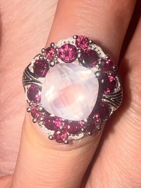 HSN Vintage Sterling Silver Rose Quartz & Rhodolite Garnet Cluster Ring - Size 6